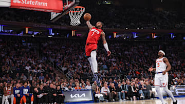 Feb 3, 2025; New York, New York, USA; Houston Rockets forward Cam Whitmore (7) goes up for a dunk during the first half in front of New York Knicks forward Precious Achiuwa (5) at Madison Square Garden. Mandatory Credit: Vincent Carchietta-Imagn Images