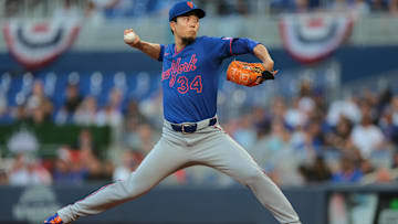 Apr 1, 2025; Miami, Florida, USA; New York Mets starting pitcher Kodai Senga (34) delivers a pitch against the Miami Marlins during the first inning at loanDepot Park. Mandatory Credit: Sam Navarro-Imagn Images