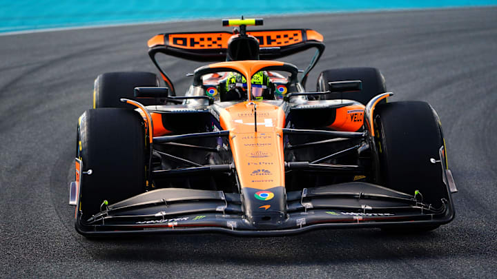 May 3, 2024; Miami Gardens, Florida, USA; McLaren driver Lando Norris (4) races out of turn 17 during F1 Sprint Qualifying at Miami International Autodrome. Mandatory Credit: John David Mercer-Imagn Images