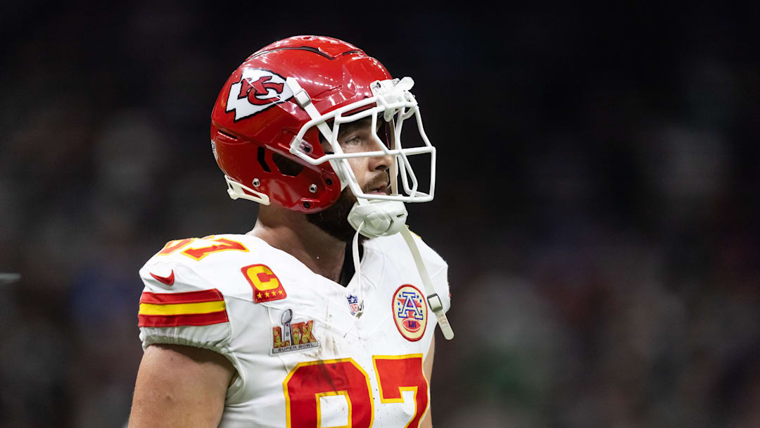 Feb 9, 2025; New Orleans, LA, USA;  Kansas City Chiefs tight end Travis Kelce (87) against the Philadelphia Eagles in Super Bowl LIX at Ceasars Superdome. Mandatory Credit: Mark J. Rebilas-Imagn Images