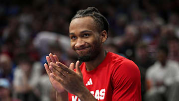 Oct 28, 2025; Lawrence, KS, USA; Kansas Jayhawks guard Darryn Peterson (22) reacts during the second half against the Fort Hays State Tigers at Allen Fieldhouse. Mandatory Credit: Jay Biggerstaff-Imagn Images