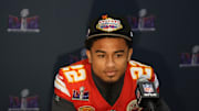 Feb 8, 2024; Las Vegas, NV, USA; Kansas City Chiefs cornerback Trent McDuffie (22) during a press conference before Super Bowl LVIII at Westin Lake Las Vegas Resort and Spa. Mandatory Credit: Kyle Terada-Imagn Images