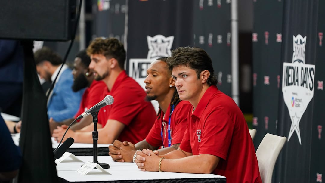 Jul 8, 2025; Frisco, TX, USA; Texas Tech quarterback Behren Morton answers questions from the media during 2025 Big 12 Football Media Days at The Star. Mandatory Credit: Raymond Carlin III-Imagn Images