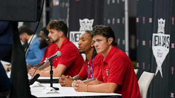 Jul 8, 2025; Frisco, TX, USA; Texas Tech quarterback Behren Morton answers questions from the media during 2025 Big 12 Football Media Days at The Star. Mandatory Credit: Raymond Carlin III-Imagn Images