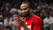 Oct 28, 2025; Lawrence, KS, USA; Kansas Jayhawks guard Darryn Peterson (22) reacts during the second half against the Fort Hays State Tigers at Allen Fieldhouse. Mandatory Credit: Jay Biggerstaff-Imagn Images
