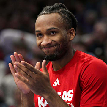 Oct 28, 2025; Lawrence, KS, USA; Kansas Jayhawks guard Darryn Peterson (22) reacts during the second half against the Fort Hays State Tigers at Allen Fieldhouse. Mandatory Credit: Jay Biggerstaff-Imagn Images