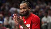 Oct 28, 2025; Lawrence, KS, USA; Kansas Jayhawks guard Darryn Peterson (22) reacts during the second half against the Fort Hays State Tigers at Allen Fieldhouse. Mandatory Credit: Jay Biggerstaff-Imagn Images