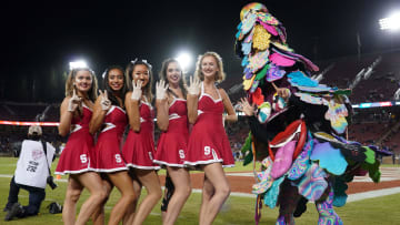 Oct 17, 2019; Stanford, CA, USA; Stanford Cardinal cheerleaders and tree mascot  pose during the game against the Stanford Cardinal  at Stanford Stadium. Mandatory Credit: Kirby Lee-USA TODAY Sports