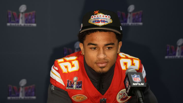 Feb 8, 2024; Las Vegas, NV, USA; Kansas City Chiefs cornerback Trent McDuffie (22) during a press conference before Super Bowl LVIII at Westin Lake Las Vegas Resort and Spa. Mandatory Credit: Kyle Terada-USA TODAY Sports