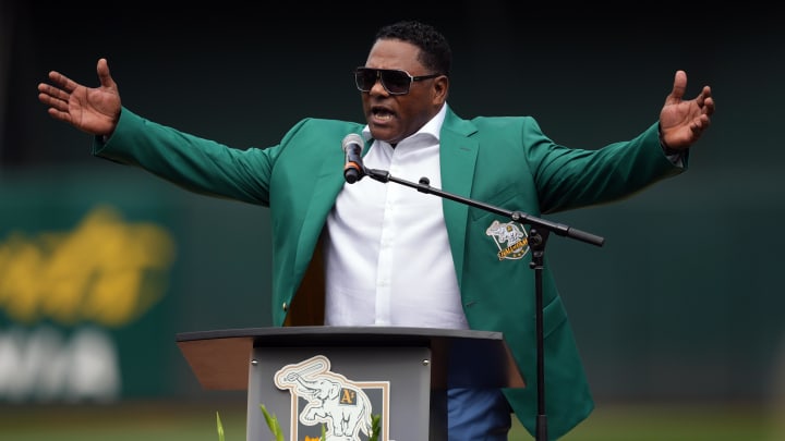 Aug 17, 2024; Oakland, California, USA; Oakland Athletics former shortstop Miguel Tejada speaks before the game against the San Francisco Giants at Oakland-Alameda County Coliseum. Mandatory Credit: Darren Yamashita-USA TODAY Sports