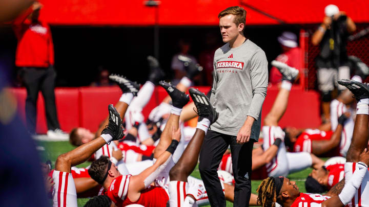 Sep 30, 2023; Lincoln, Nebraska, USA; Nebraska Cornhuskers assistant coach Garrett McGuire before the game against the Michigan Wolverines at Memorial Stadium. 