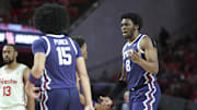Jan 6, 2025; Houston, Texas, USA; TCU Horned Frogs center Ernest Udeh Jr. (8) reacts after a play during the second half against the Houston Cougars at Fertitta Center. Mandatory Credit: Troy Taormina-Imagn Images