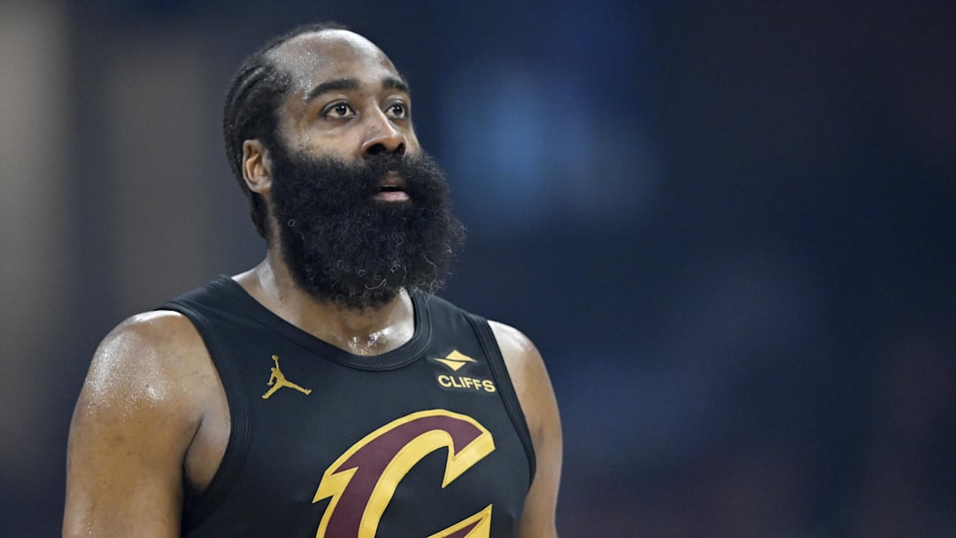 Mar 3, 2026; Cleveland, Ohio, USA; Cleveland Cavaliers guard James Harden (1) stands on the court in the third quarter against the Detroit Pistons at Rocket Arena. Mandatory Credit: David Richard-Imagn Images