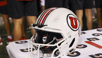 A general view of the helmet worn by the Utah Utes in the game against the Southern Utah Thunderbirds at Rice-Eccles Stadium.