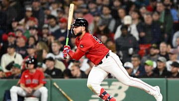 Sep 20, 2024; Boston, Massachusetts, USA; Boston Red Sox right fielder Wilyer Abreu (52) hits a single against the Minnesota Twins during the fourth inning at Fenway Park. Mandatory Credit: Brian Fluharty-Imagn Images