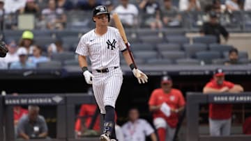 Aug 27, 2025; Bronx, New York, USA; New York Yankees shortstop Anthony Volpe (11)  reacts to striking out for the fourth time against the Washington Nationals during the eighth inning at Yankee Stadium.