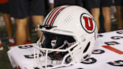 A general view of the football helmet worn by the Utah Utes. 
