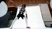 Sep 30, 2024; San Antonio, TX, USA; San Antonio Spurs guard Stephon Castle (5) poses for photos during Media day at Victory Capital Performance Center.