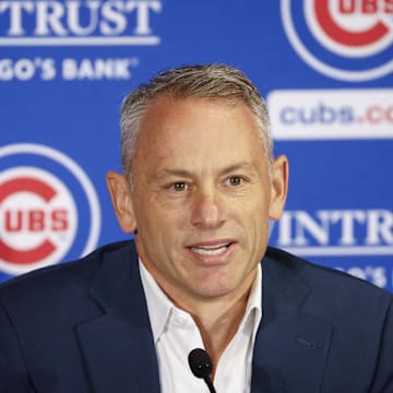 Nov 13, 2023; Chicago, Illinois, USA; Chicago Cubs president of baseball operations Jed Hoyer speaks before introducing Craig Counsell as new Cubs manager during a press conference in Chicago.