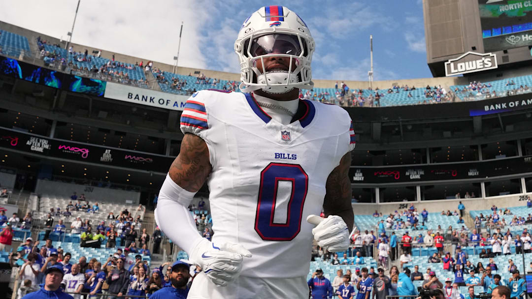 Oct 26, 2025; Charlotte, North Carolina, USA; Buffalo Bills wide reciever Keon Coleman (0) runs on to the field before the game at Bank of America Stadium. Mandatory Credit: Bob Donnan-Imagn Images