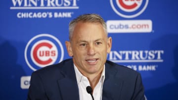 Nov 13, 2023; Chicago, Illinois, USA; 
Chicago Cubs president of baseball operations Jed Hoyer speaks before introducing Craig Counsell as new Cubs manager during a press conference in Chicago. Mandatory Credit: Kamil Krzaczynski-USA TODAY Sports