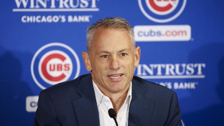 Nov 13, 2023; Chicago, Illinois, USA; 
Chicago Cubs president of baseball operations Jed Hoyer speaks before introducing Craig Counsell as new Cubs manager during a press conference in Chicago. Mandatory Credit: Kamil Krzaczynski-USA TODAY Sports