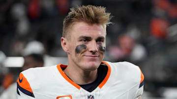 Nov 24, 2024; Paradise, Nevada, USA; Denver Broncos quarterback Bo Nix (10) reacts after the game against the Las Vegas Raiders at Allegiant Stadium. Mandatory Credit: Kirby Lee-Imagn Images