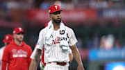 Oct 4, 2025; Philadelphia, Pennsylvania, USA; Philadelphia Phillies pitcher Cristopher Sanchez (61) looks on before game one against the Los Angeles Dodgers in the NLDS round for the 2025 MLB playoffs at Citizens Bank Park. Mandatory Credit: Bill Streicher-Imagn Images