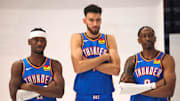 Shai Gilgeous-Alexander (2), Chet Holmgren (7) and Jalen Williams (8) during the Thunder Media Day for the 25-26 NBA season at the Paycom Center Monday, Sept. 29, 2025.