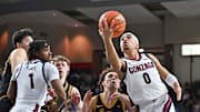 Feb 13, 2025; Spokane, Washington, USA; Gonzaga Bulldogs guard Ryan Nembhard (0) shoots against San Francisco Dons guard Ryan Beasley (0) in the first half at McCarthey Athletic Center. Mandatory Credit: James Snook-Imagn Images
