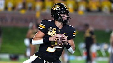 Beau Pribula drops back to pass in Missouri's 61-6 victory over Central Arkansas 
