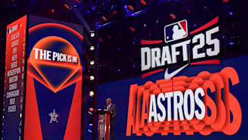 Jul 13, 2025; Atlanta, GA, USA; MLB Commissioner Rob Manfred announces the pick for the Houston Astros during the MLB Draft at The Coca-Cola Roxy.