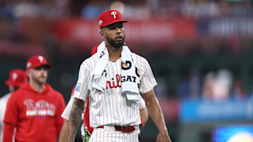 Oct 4, 2025; Philadelphia, Pennsylvania, USA; Philadelphia Phillies pitcher Cristopher Sanchez (61) looks on before game one against the Los Angeles Dodgers in the NLDS round for the 2025 MLB playoffs at Citizens Bank Park. Mandatory Credit: Bill Streicher-Imagn Images