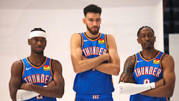 Shai Gilgeous-Alexander (2), Chet Holmgren (7) and Jalen Williams (8) during the Thunder Media Day for the 25-26 NBA season at the Paycom Center Monday, Sept. 29, 2025.