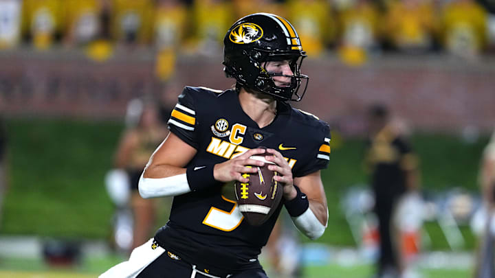 Beau Pribula drops back to pass in Missouri's 61-6 victory over Central Arkansas 