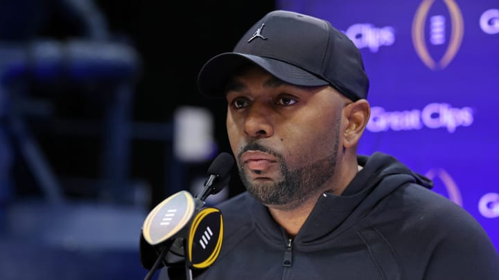 Jan 6, 2024; Houston, TX, USA; Michigan Wolverines offensive coordinator Sherrone Moore talks to the media during media day before the College Football Playoff national championship game against the Washington Huskies at George R Brown Convention Center. Mandatory Credit: Troy Taormina-USA TODAY Sports
