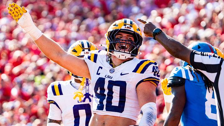 LSU linebacker Whit Weeks (40) gestures toward the crowd after a turnover during a college football game between Ole Miss and LSU at Vaught-Hemingway Stadium in Oxford, Miss., on Saturday, Sept. 27, 2025.
