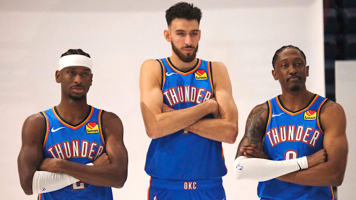 Shai Gilgeous-Alexander (2), Chet Holmgren (7) and Jalen Williams (8) during the Thunder Media Day for the 25-26 NBA season at the Paycom Center Monday, Sept. 29, 2025.