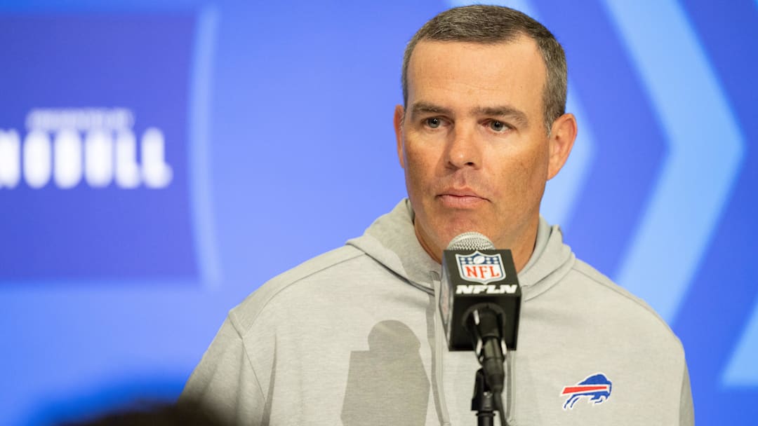 Feb 27, 2024; Indianapolis, IN, USA; Buffalo Bills general manager Brandon Beane talks to the media at the 2024 NFL Combine at Indiana Convention Center. Mandatory Credit: Trevor Ruszkowski-Imagn Images