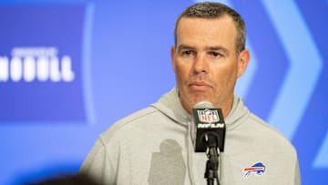 Feb 27, 2024; Indianapolis, IN, USA; Buffalo Bills general manager Brandon Beane talks to the media at the 2024 NFL Combine at Indiana Convention Center. Mandatory Credit: Trevor Ruszkowski-Imagn Images