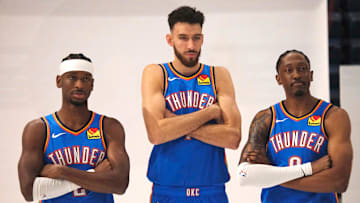 Shai Gilgeous-Alexander (2), Chet Holmgren (7) and Jalen Williams (8) during the Thunder Media Day for the 25-26 NBA season at the Paycom Center Monday, Sept. 29, 2025.