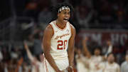Jan 11, 2025; Austin, Texas, USA; Texas Longhorns guard Tre Johnson (20) reacts after scoring a three-point basket during the second half against the Tennessee Volunteers at Moody Center. Mandatory Credit: Scott Wachter-Imagn Images