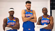 Shai Gilgeous-Alexander (2), Chet Holmgren (7) and Jalen Williams (8) during the Thunder Media Day for the 25-26 NBA season at the Paycom Center Monday, Sept. 29, 2025.