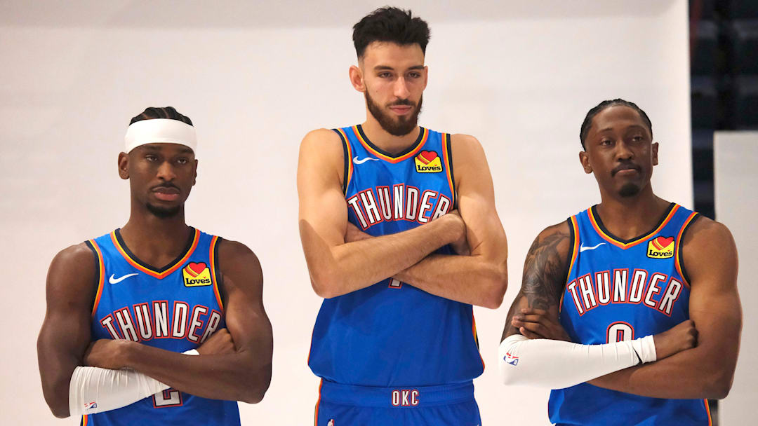 Shai Gilgeous-Alexander (2), Chet Holmgren (7) and Jalen Williams (8) during the Thunder Media Day for the 25-26 NBA season at the Paycom Center Monday, Sept. 29, 2025.