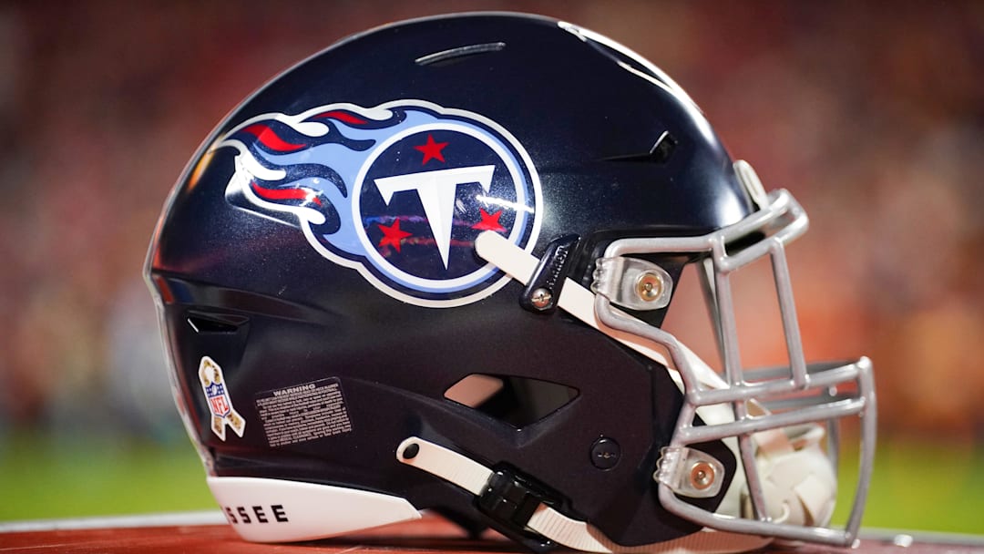 Nov 6, 2022; Kansas City, Missouri, USA; A general view of a Tennessee Titans helmet against the Kansas City Chiefs prior to the game at GEHA Field at Arrowhead Stadium. Mandatory Credit: Denny Medley-Imagn Images