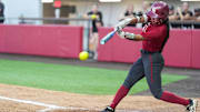 Oklahoma’s Ailana Agbayani hits a single during a fall ball scrimmage.