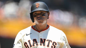 Jun 26, 2025; San Francisco, California, USA;  San Francisco Giants designated hitter Rafael Devers (16) reacts after hitting a two-run home run against the Miami Marlins in the third inning at Oracle Park.