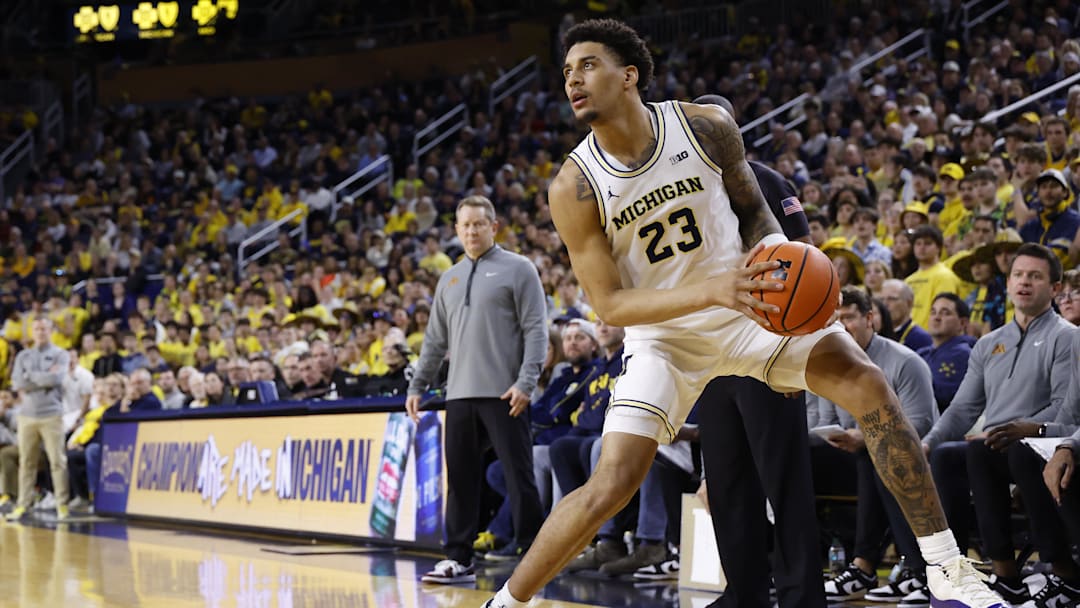 Feb 24, 2026; Ann Arbor, Michigan, USA; Michigan Wolverines forward Yaxel Lendeborg (23) dribbles in the first half against the Minnesota Golden Gophers at Crisler Center. Mandatory Credit: Rick Osentoski-Imagn Images