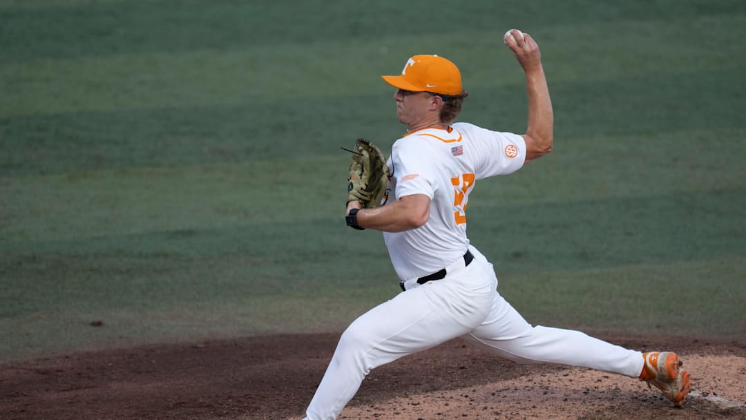 Tennessee's Tanner Franklin (50) pitches against Wake Forest at the NCAA college baseball Knoxville Regional final on June 2, 2025, in Knoxville, Tenn.