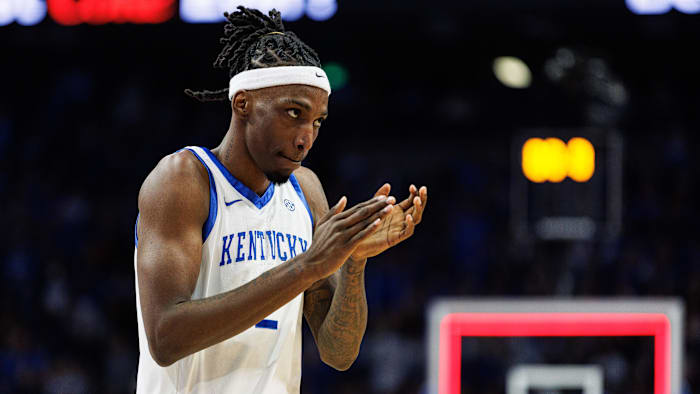 Feb 24, 2024; Lexington, Kentucky, USA; Kentucky Wildcats forward Aaron Bradshaw (2) celebrates as